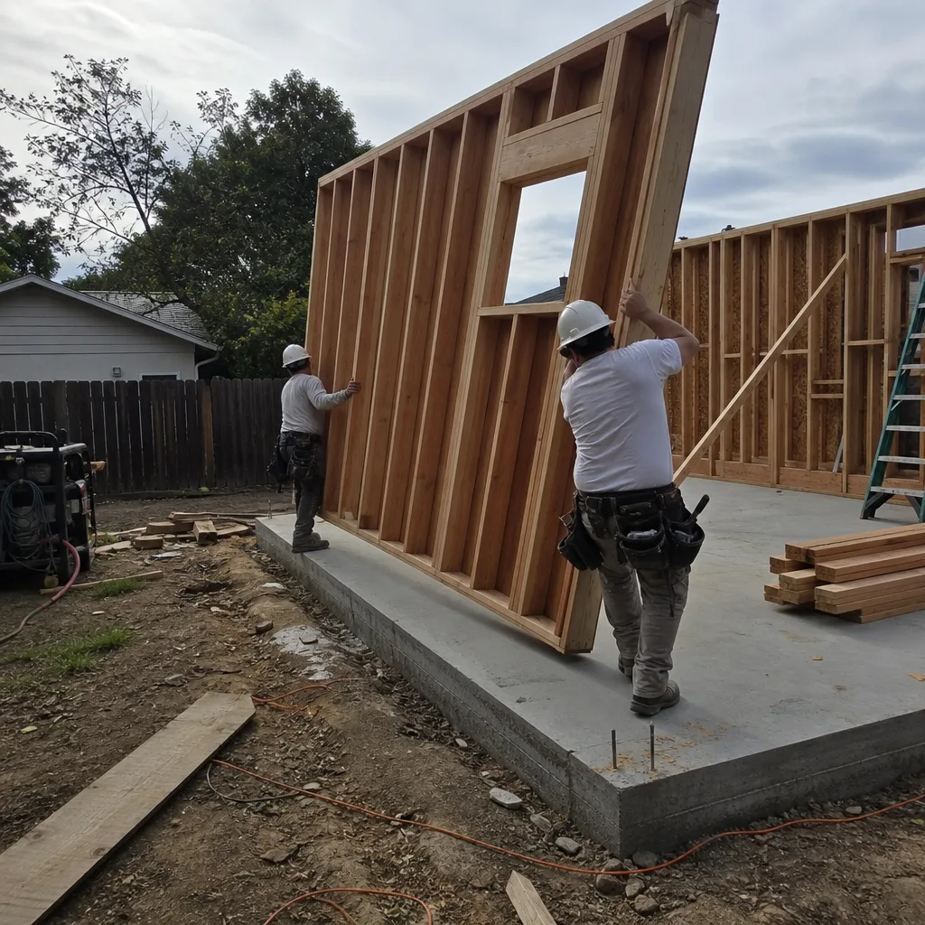 Two professional builders framing a wooden wall for an ADU project