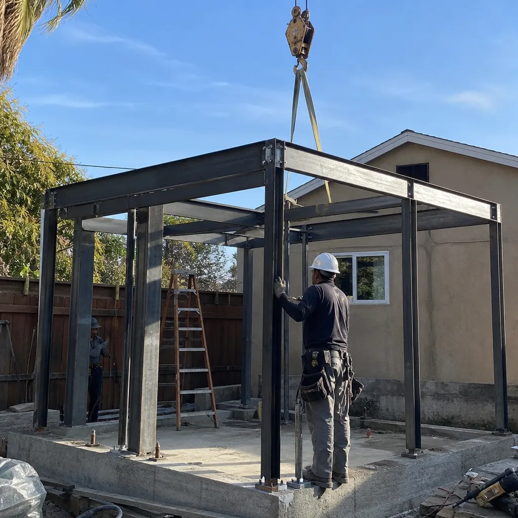 construction worker installing steel frame for accessory dwelling unit