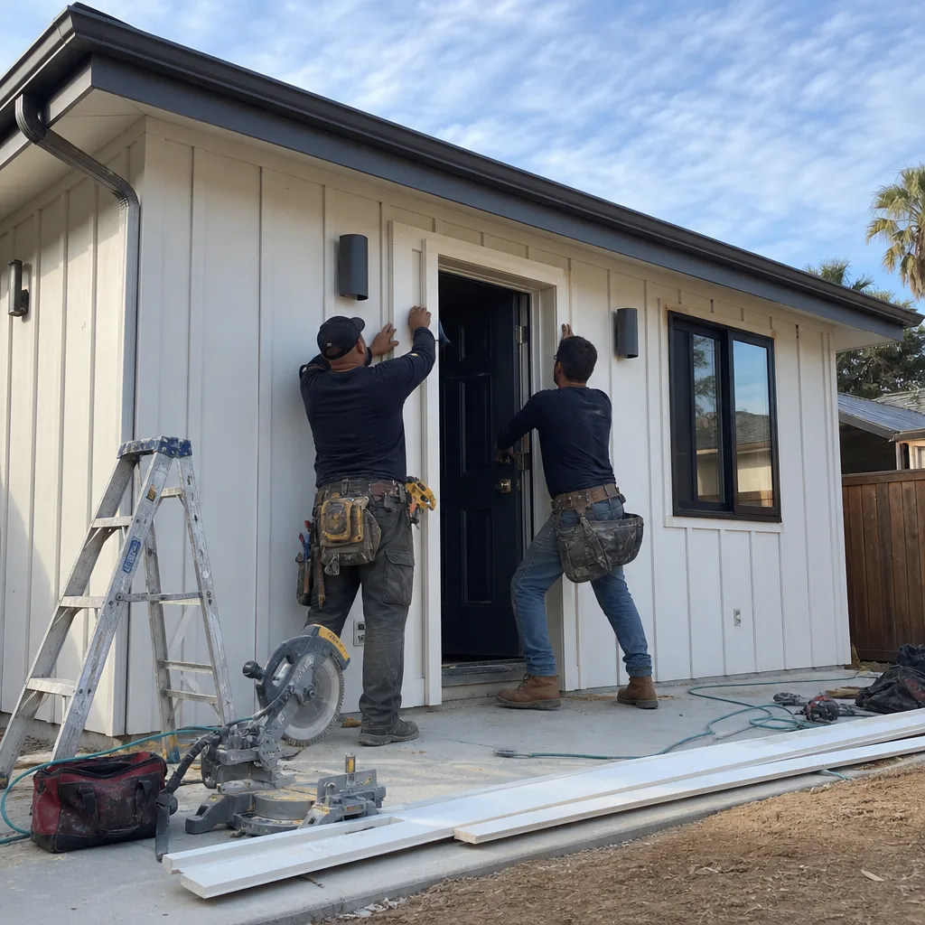 Professional construction workers installing door trim on a modern ADU