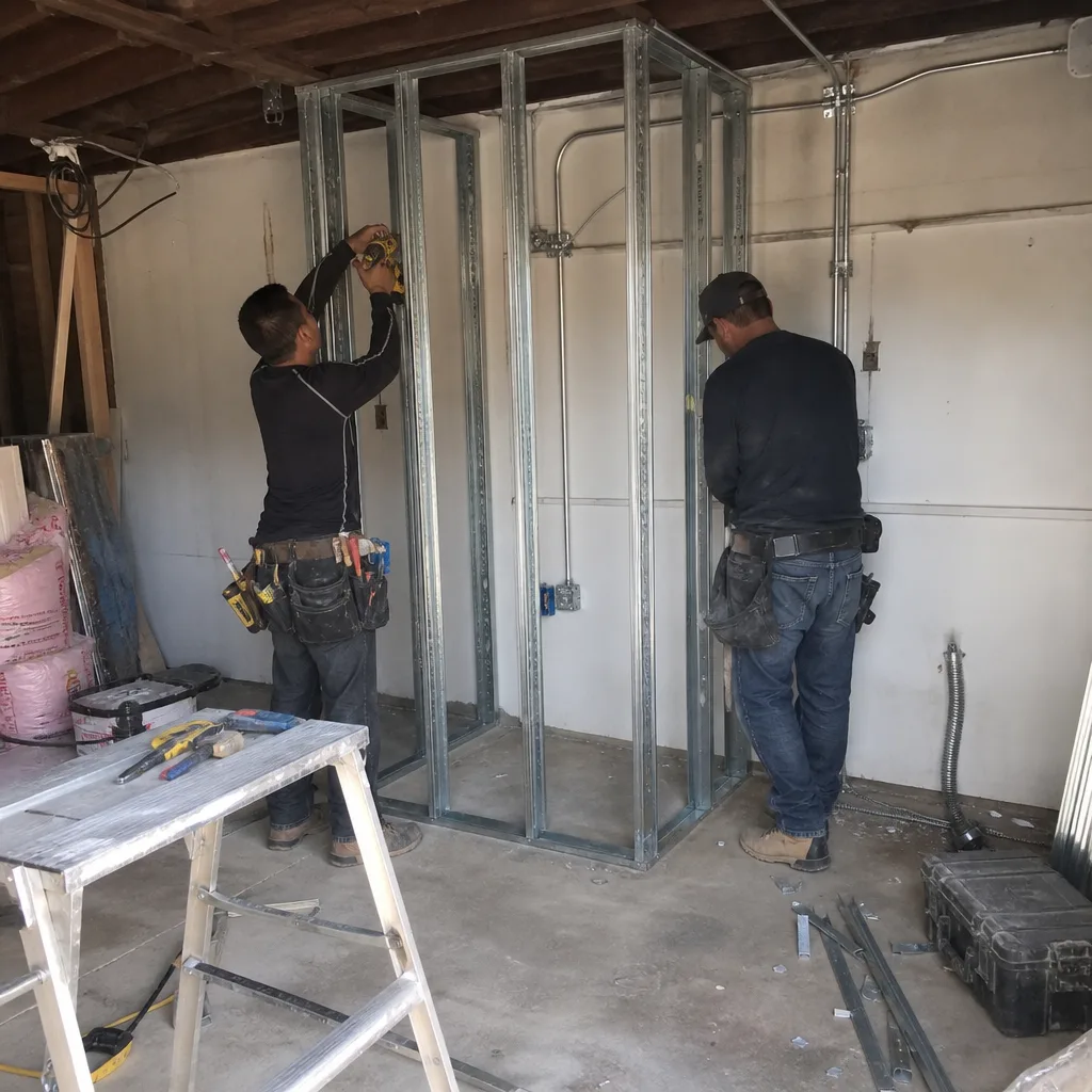 Contractors installing metal stud framing for a garage conversion project