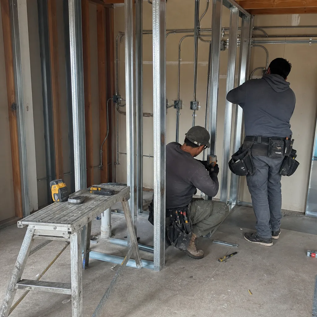 Two professional contractors installing metal wall framing for a garage conversion.