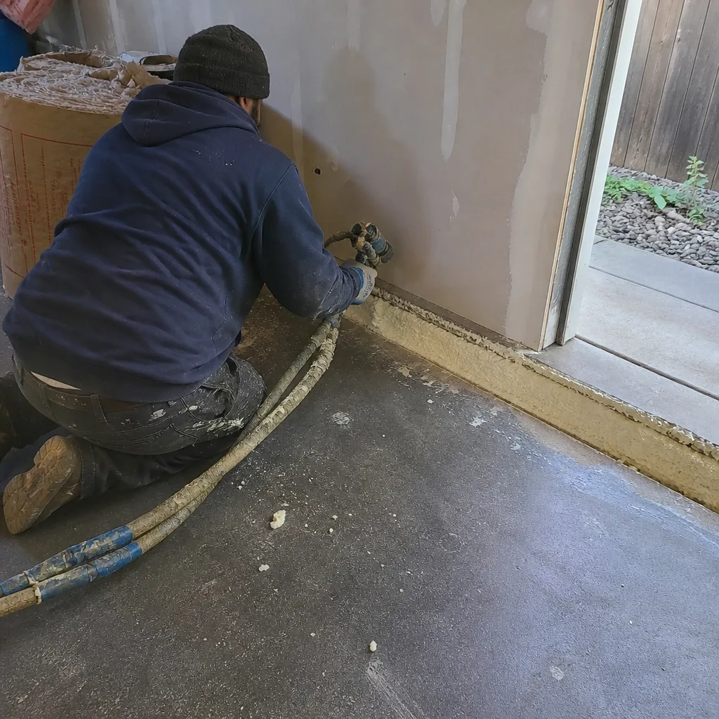 Contractor applying spray foam insulation during a professional garage conversion project