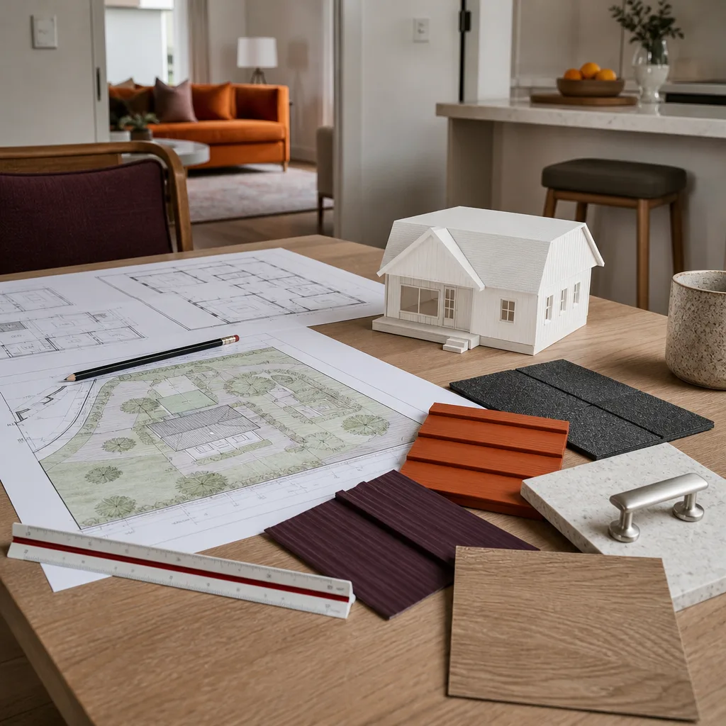 ADU plans, samples and a small model on a desk
